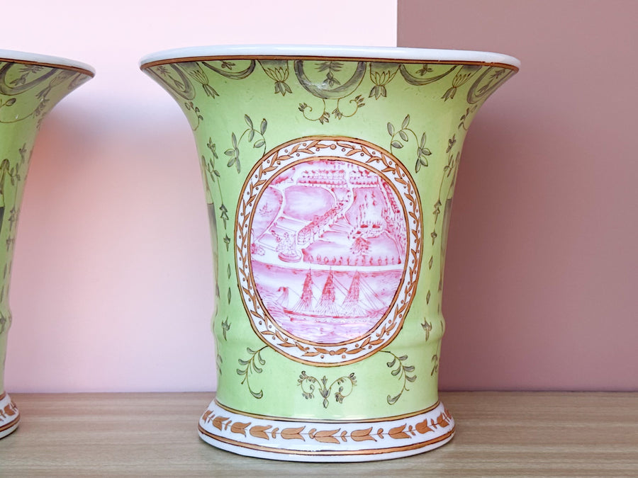 Pair of Pink and Green Chinoiserie Vases