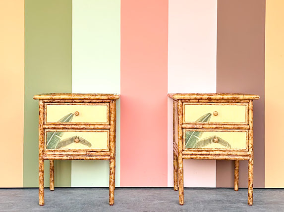Pair of Banana Leaf Rattan Nightstands