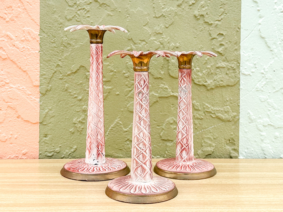 Set of Three Pink Chic Palm Tree Candlesticks