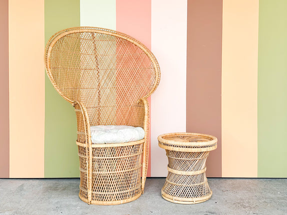 So 70’s Rattan Peacock Chair and Side Table