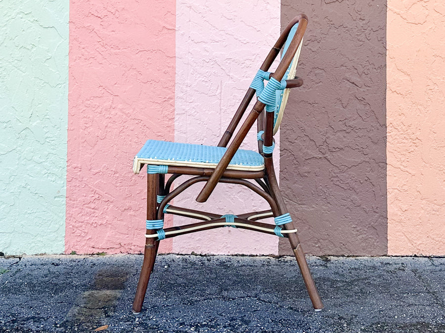 Set of Four Turquoise Rattan Bistro Chairs