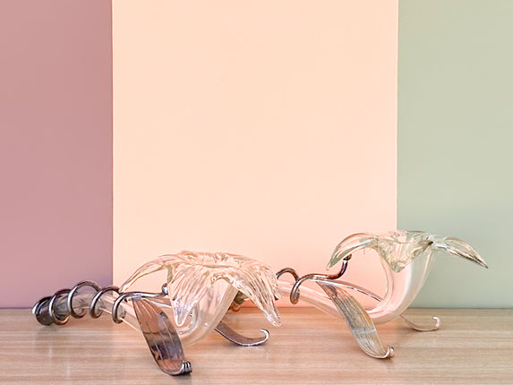 Pair of Kips Bay Show House Glass Lilies Taper Candle Holders