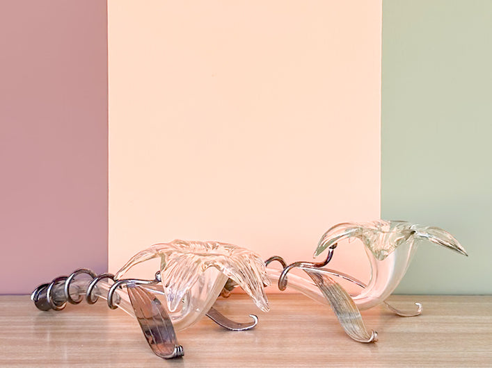 Pair of Kips Bay Show House Glass Lilies Taper Candle Holders