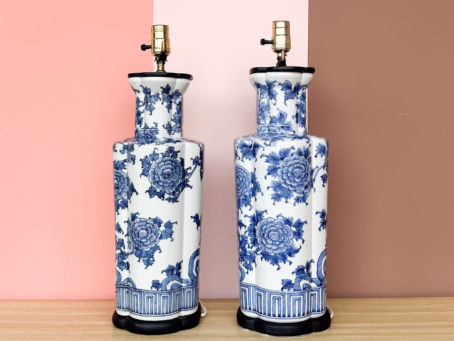 Pair of Blue and White Floral Lamps