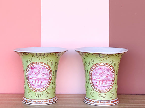 Pair of Pink and Green Chinoiserie Vases