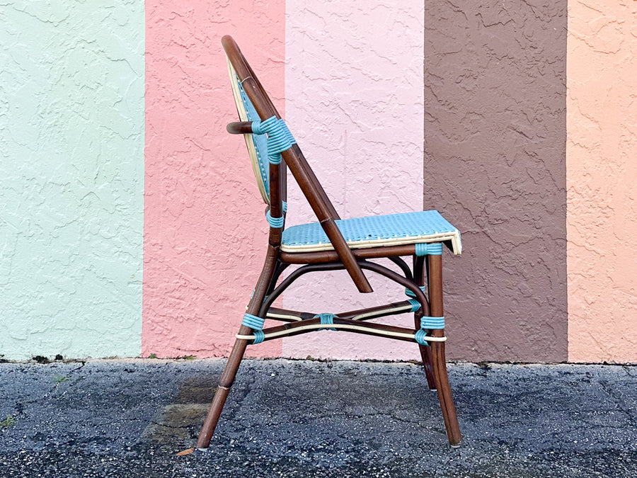 Set of Four Turquoise Rattan Bistro Chairs