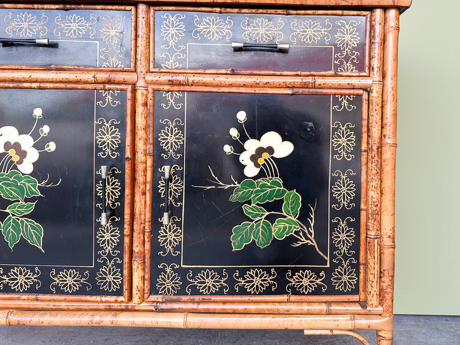 Hand Painted Tortoiseshell Rattan Credenza