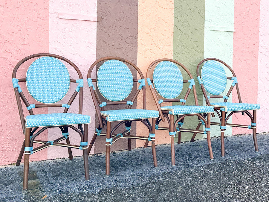 Set of Four Turquoise Rattan Bistro Chairs