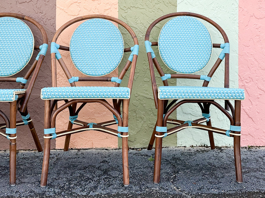 Set of Four Turquoise Rattan Bistro Chairs