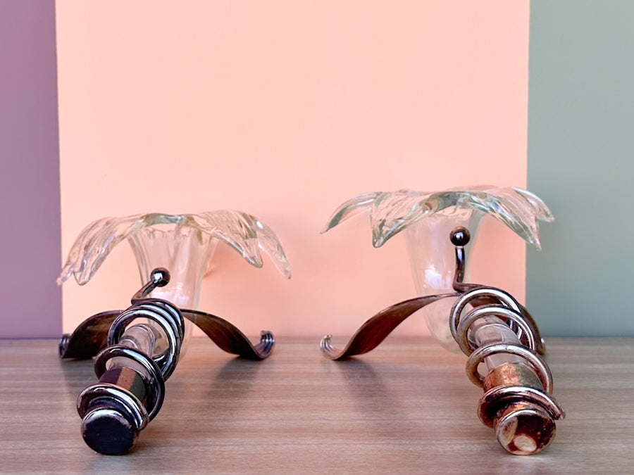 Pair of Kips Bay Show House Glass Lily Taper Candle Holders