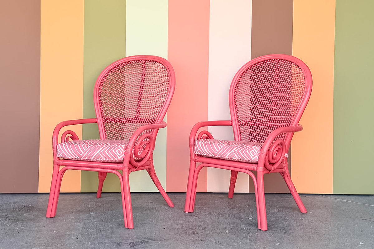 Pair of Hot Pink Whimsical Rattan Chairs