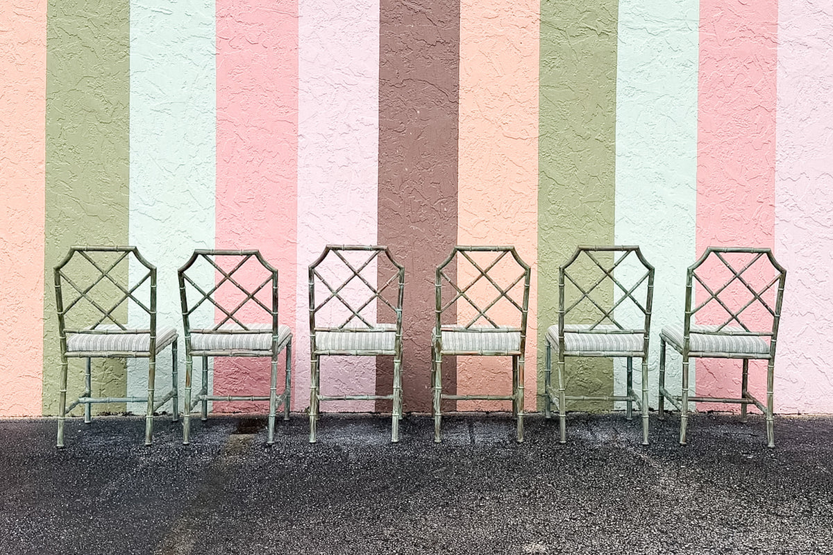 Set of Six Verdigris Metal Chippendale Chairs