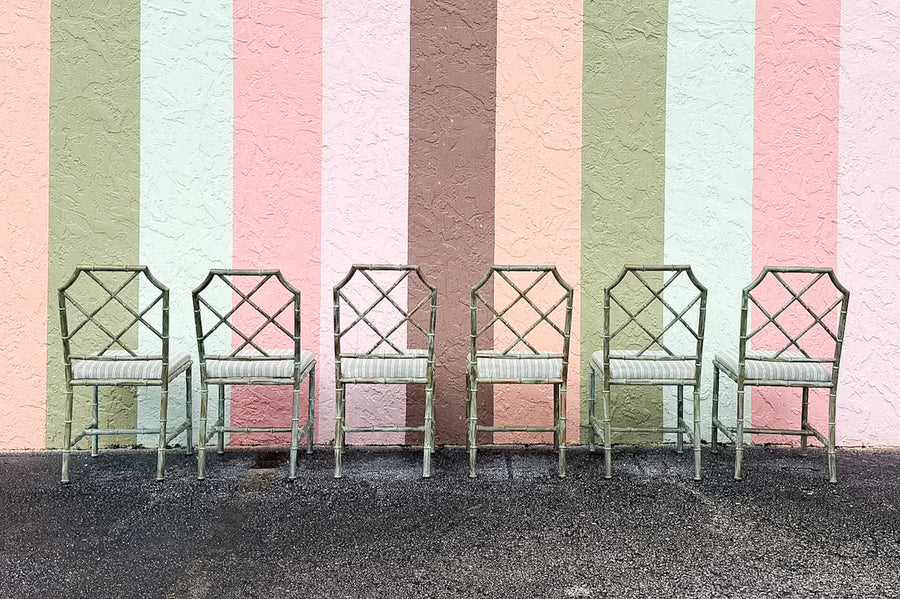 Set of Six Verdigris Metal Chippendale Chairs