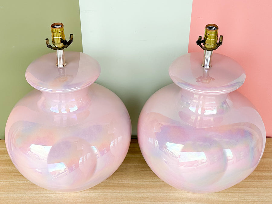 Pair of Large Irideescent Pink Globe Lamps
