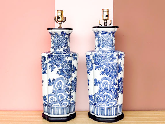 Pair of Blue and White Floral Lamps