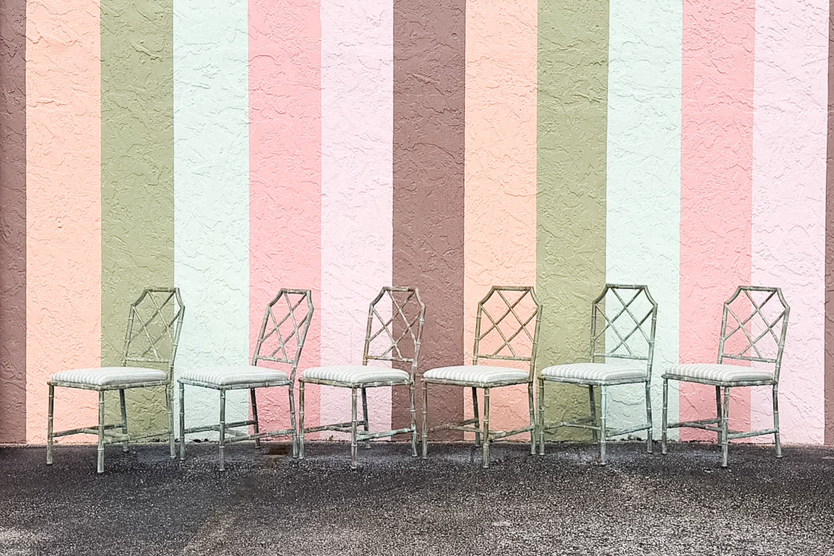 Set of Six Verdigris Metal Chippendale Chairs