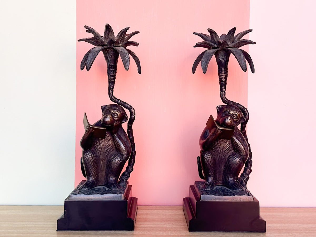 Brass Reading Monkey Candle Holders