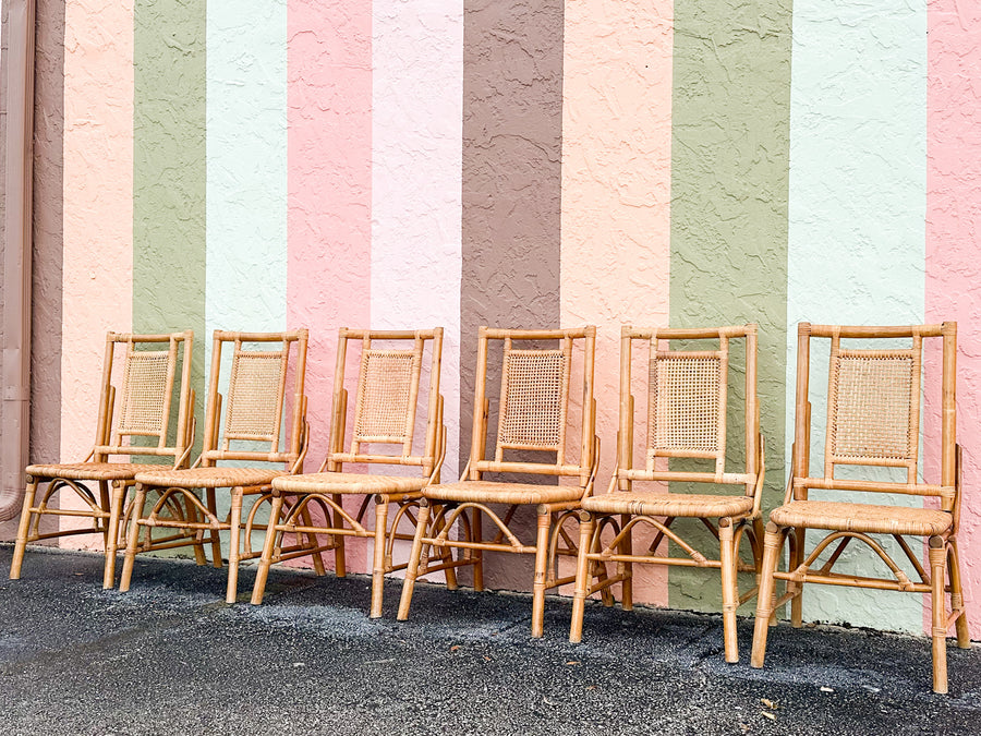 Set of Six Old Florida Style Rattan Dining Chairs