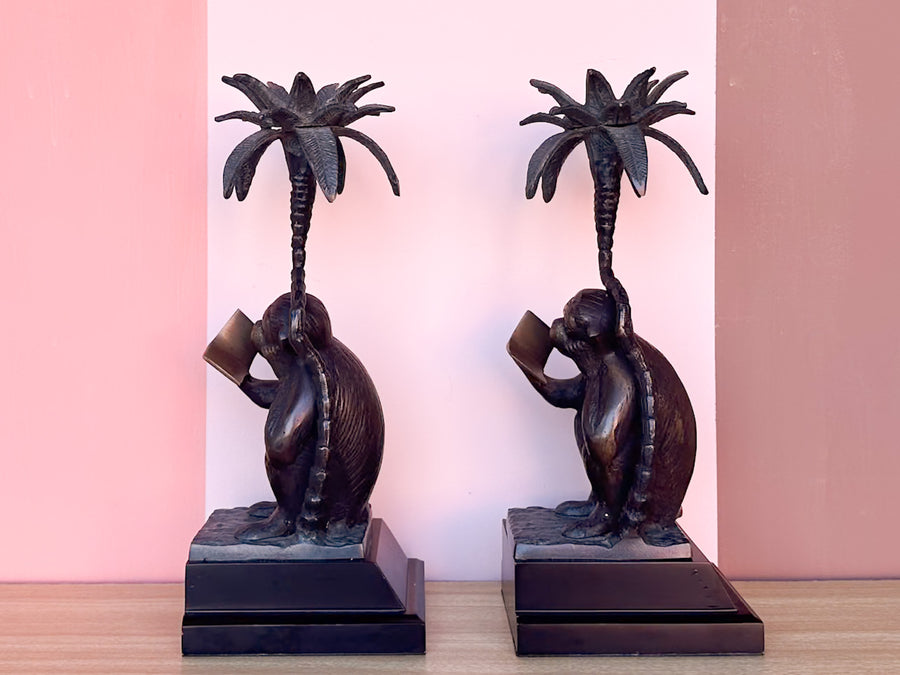Brass Reading Monkey Candle Holders