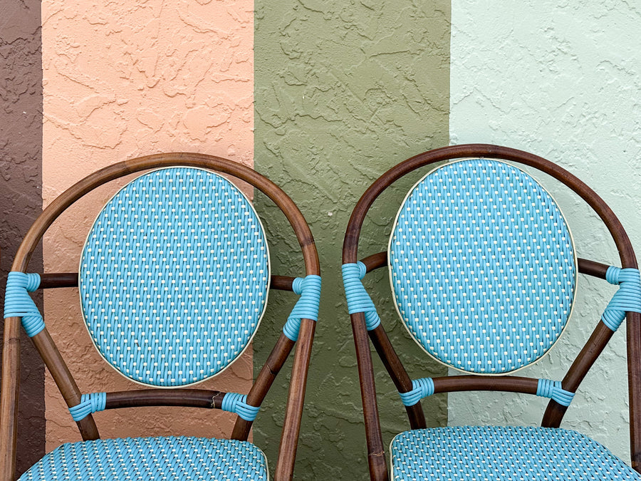 Set of Four Turquoise Rattan Bistro Chairs
