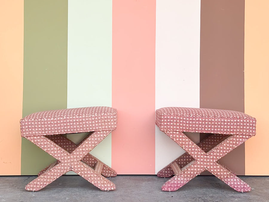 Pair of Pink Plaid X Benches