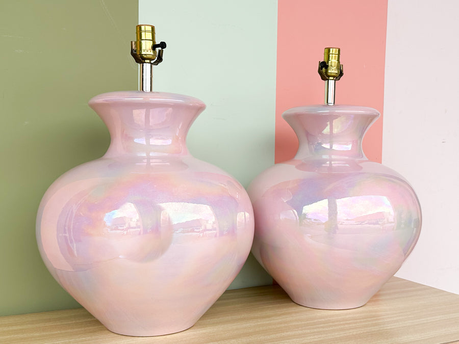Pair of Large Irideescent Pink Globe Lamps