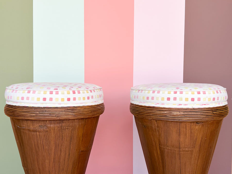 Pair of Island Style Rattan Barrel Bar Stools
