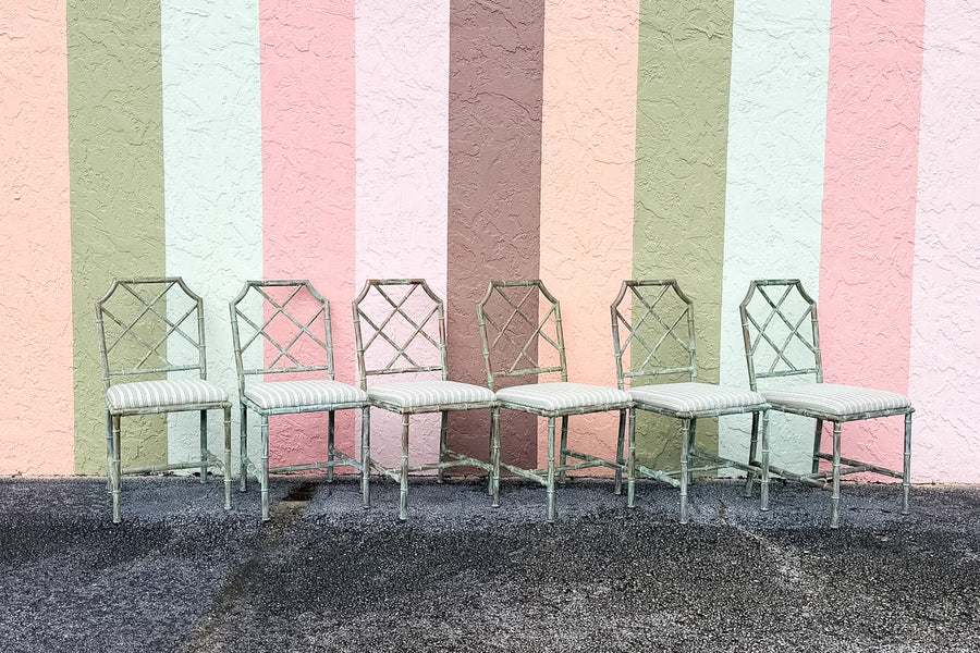 Set of Six Verdigris Metal Chippendale Chairs