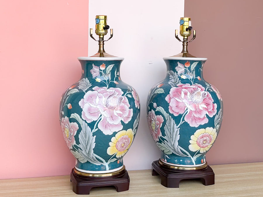 Pair of Pretty Pink and Turquoise Lamps