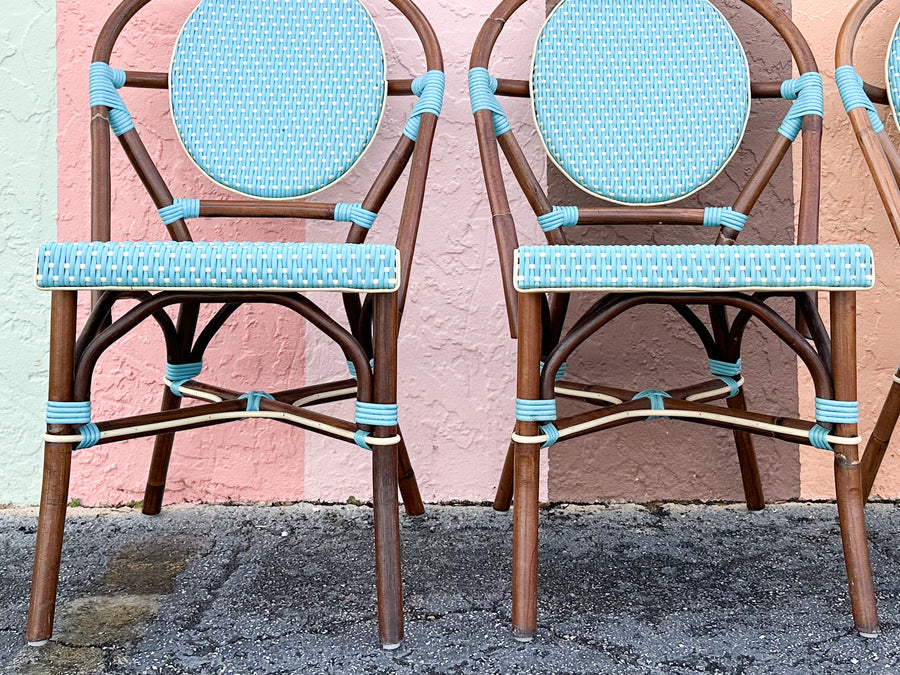 Set of Four Turquoise Rattan Bistro Chairs