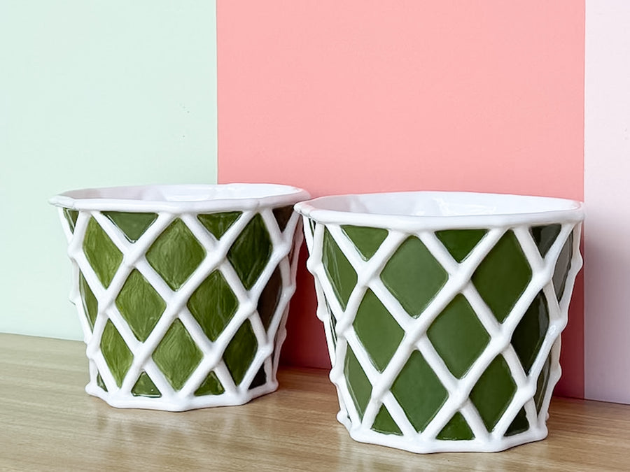 Green and White Lattice Cachepots