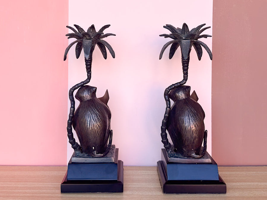 Brass Reading Monkey Candle Holders