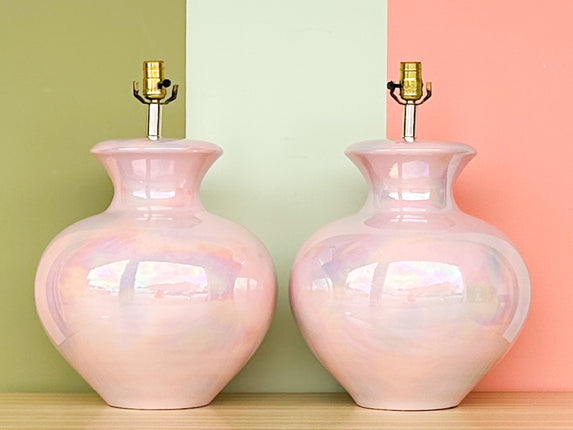 Pair of Large Irideescent Pink Globe Lamps