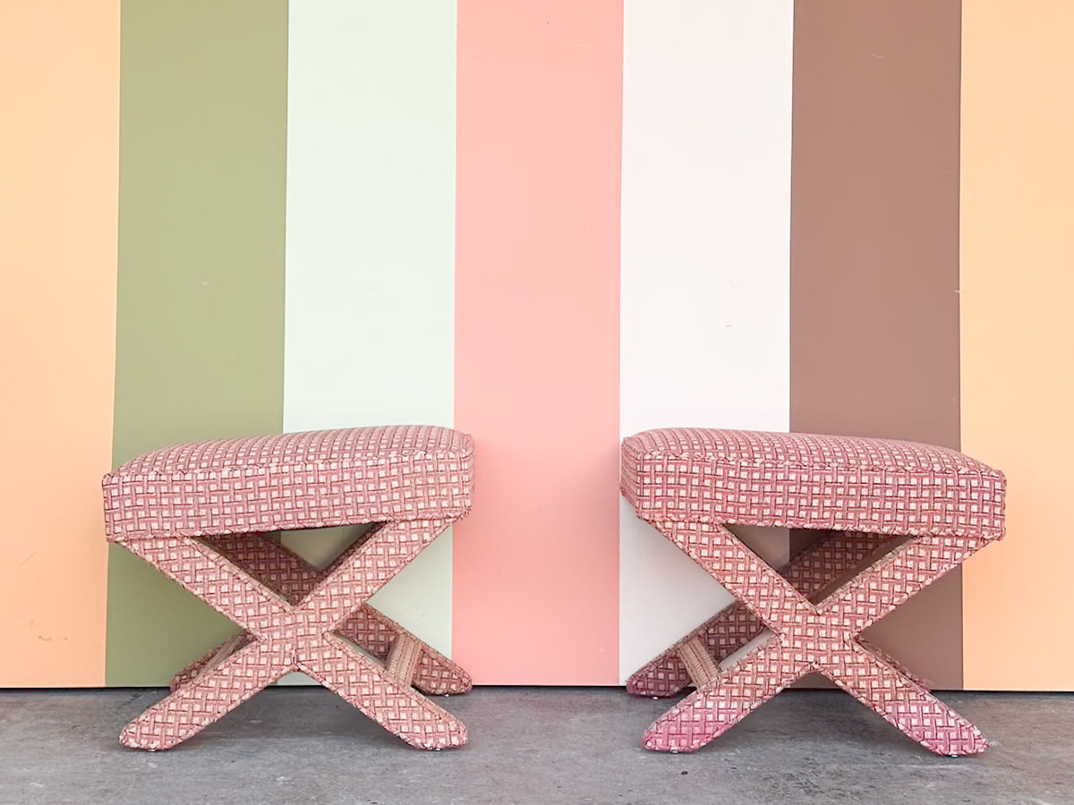 Pair of Pink Plaid X Benches