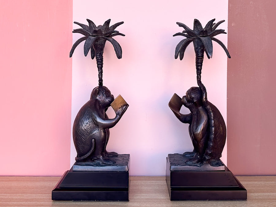 Brass Reading Monkey Candle Holders