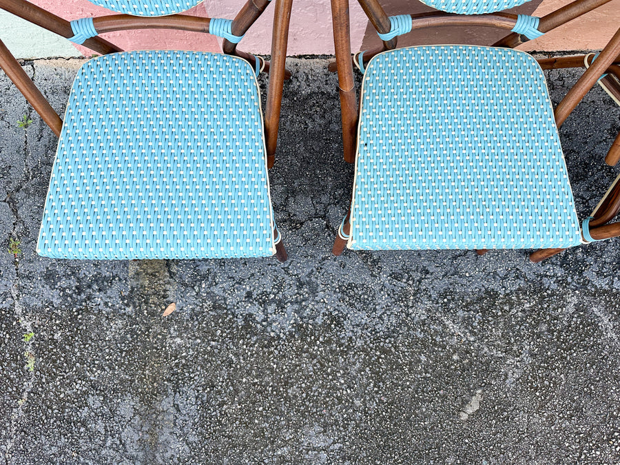 Set of Four Turquoise Rattan Bistro Chairs