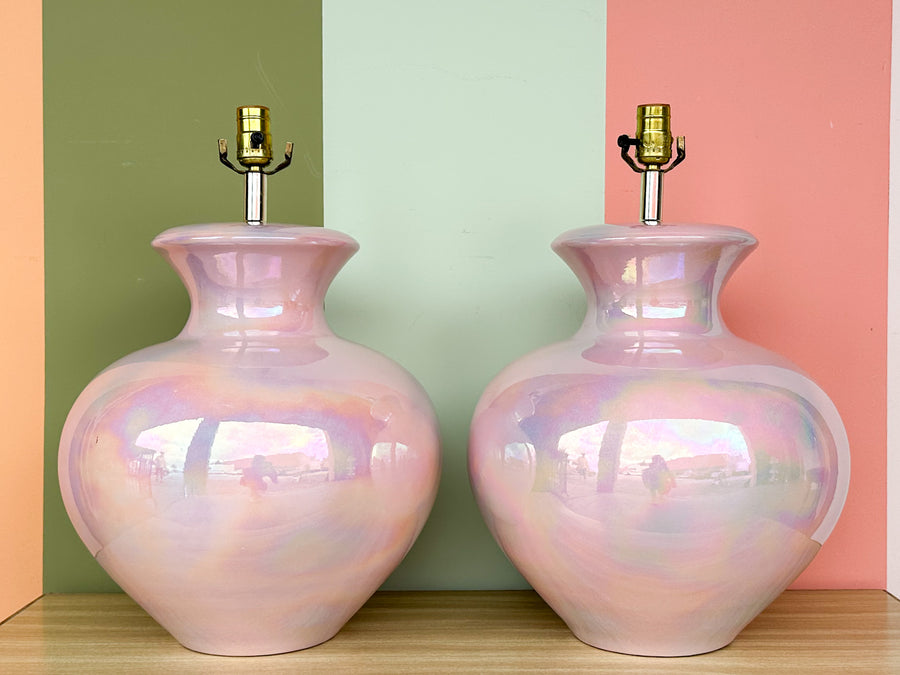 Pair of Large Irideescent Pink Globe Lamps