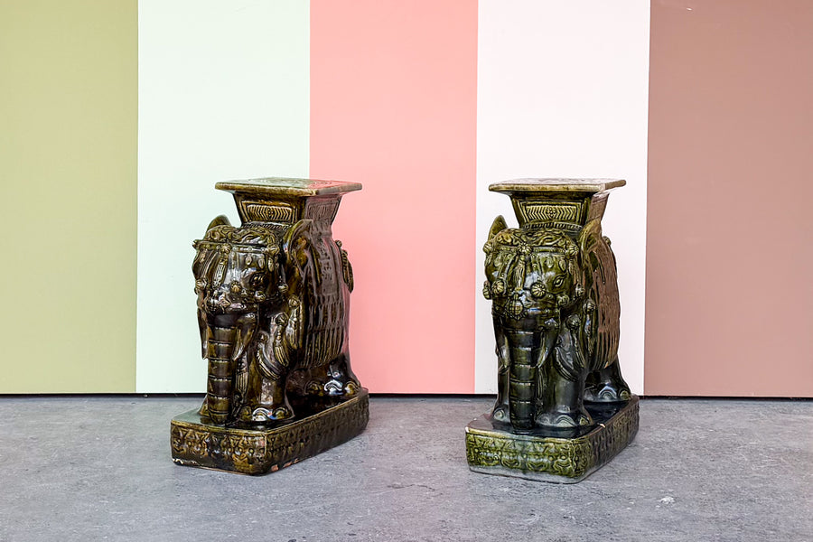 Pair of Terracotta Olive Green Elephant Garden Seats