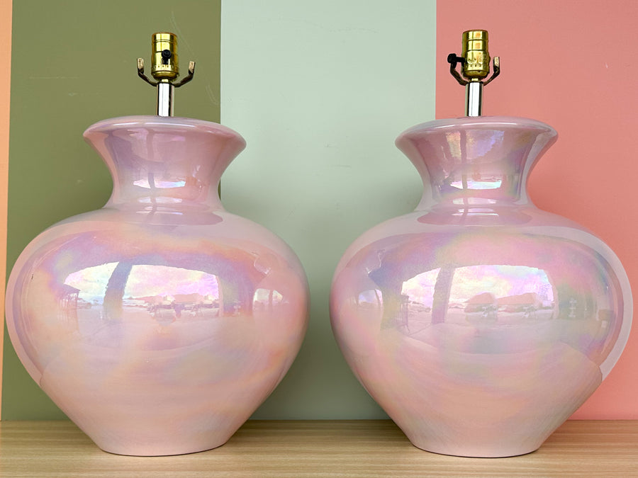 Pair of Large Irideescent Pink Globe Lamps