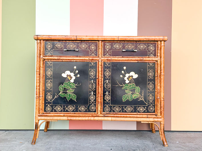 Hand Painted Tortoiseshell Rattan Credenza