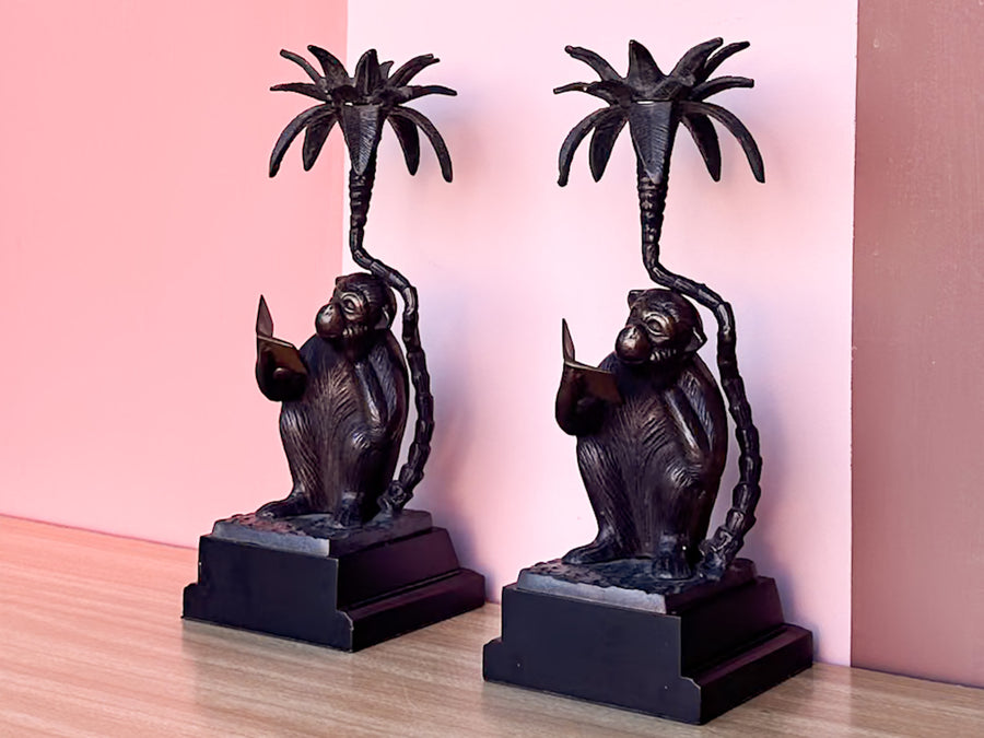 Brass Reading Monkey Candle Holders