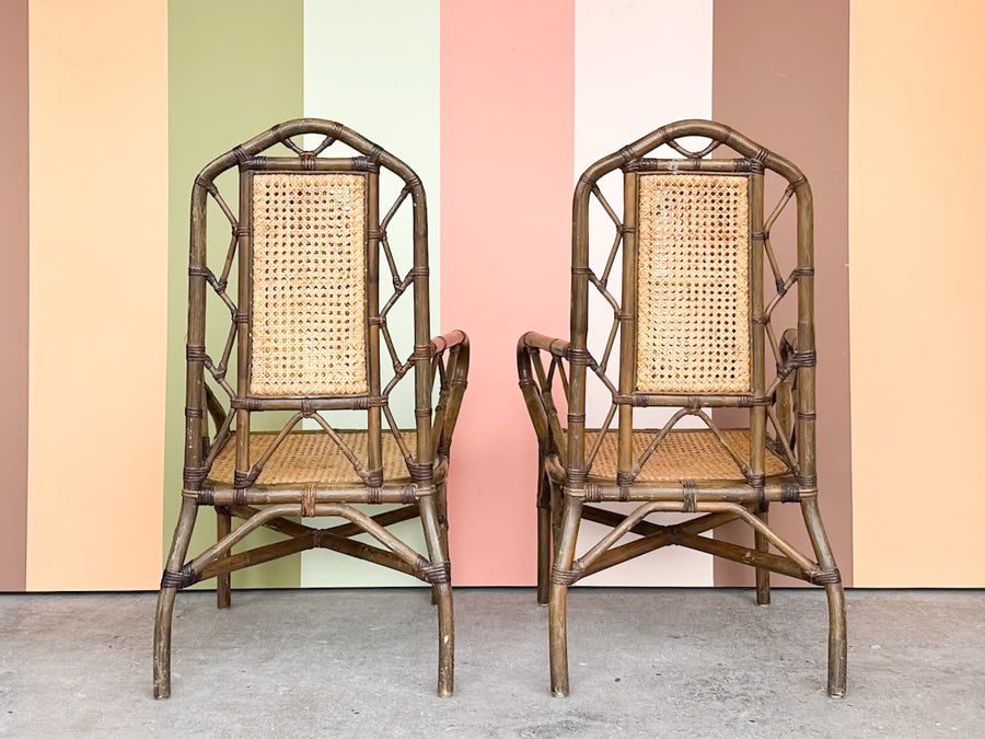 Pair of Rattan and Cane Chippendale Arm Chairs