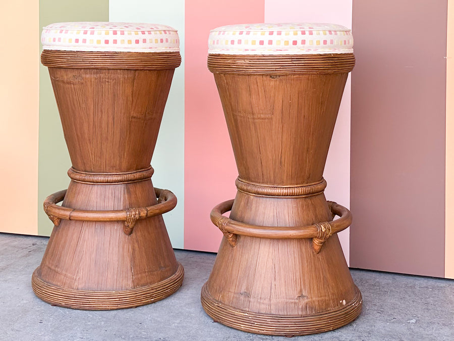Pair of Island Style Rattan Barrel Bar Stools