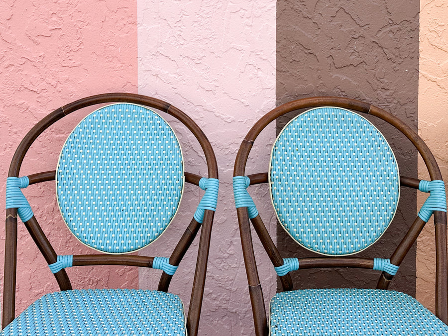 Set of Four Turquoise Rattan Bistro Chairs