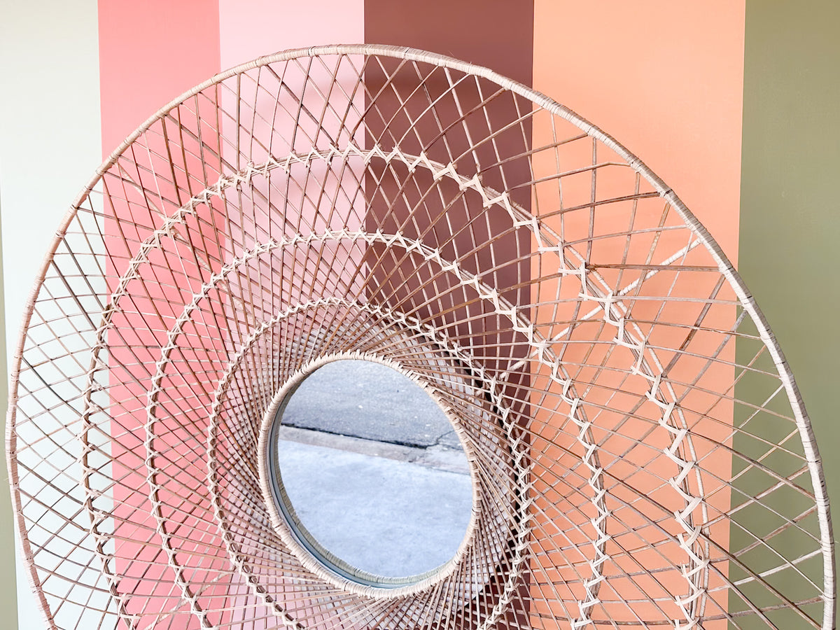 Huge Modern 70's Inspired Woven Rattan Mirror