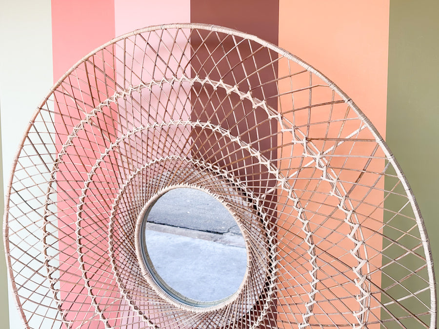 Huge Modern 70's Inspired Woven Rattan Mirror