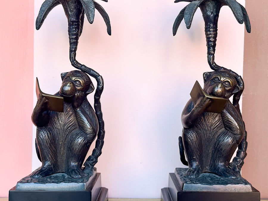 Brass Reading Monkey Candle Holders