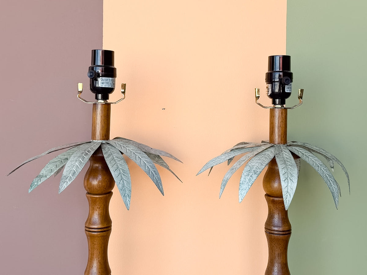 Pair of Faux Bamboo Palm Tree Lamps