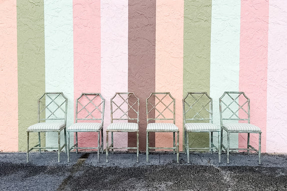 Set of Six Verdigris Metal Chippendale Chairs