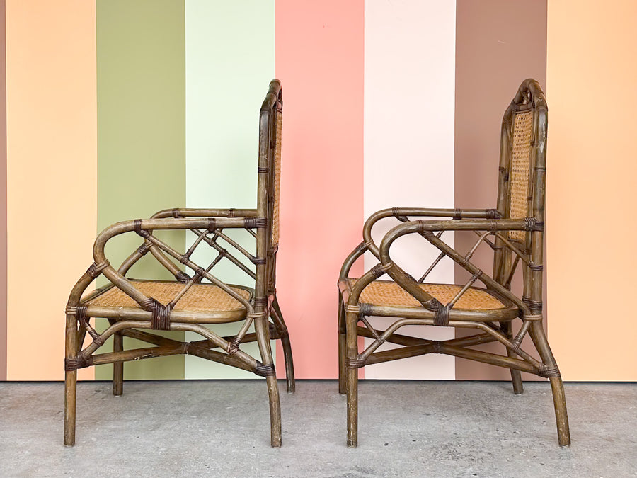 Pair of Rattan and Cane Chippendale Arm Chairs